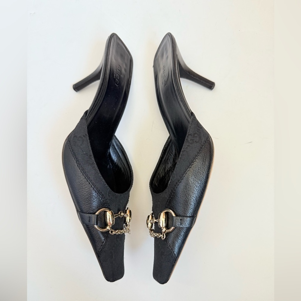 Gucci Vintage Black GG Canvas Leather Chain Horsebit Mule Heels 9.5 - Picture 3 of 9